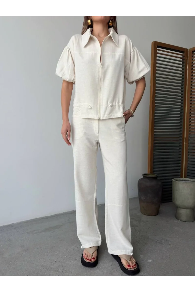 Keten Tam Fermuarlı Kısa kollu Gömlek Pantolon ikili Takım - Beyaz