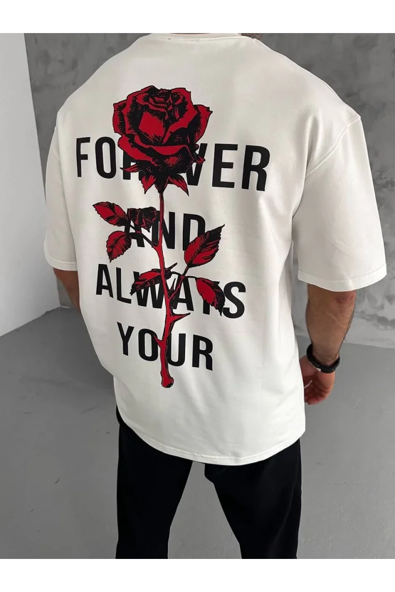 Unisex Bisiklet Yaka Baskılı Oversize T-Shirt - Beyaz