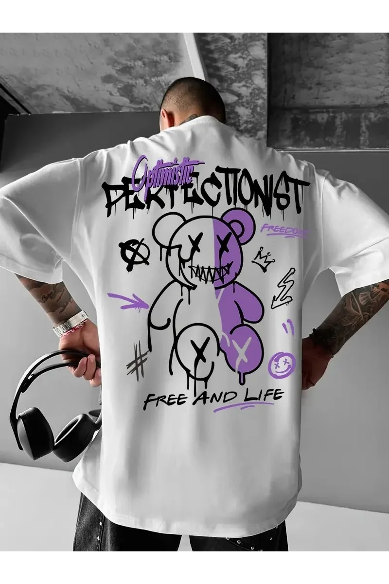 Erkek OversizeGrafik Tişört - Beyaz