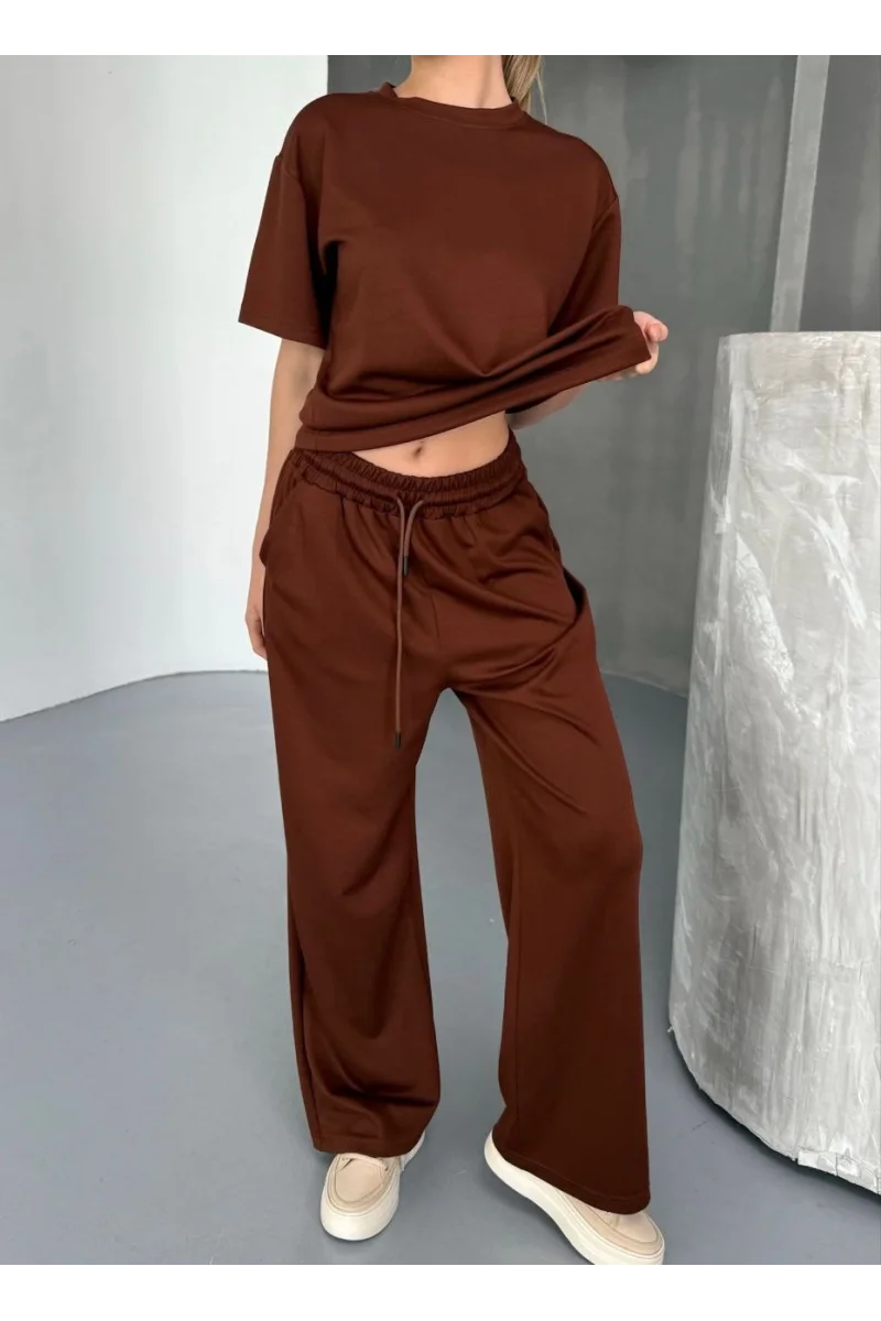 Osy Modal Yumuşak Dokulu Kumaş Kısa Kollu Bluz Rahat Pantalon ikili Takım - Kahverengi