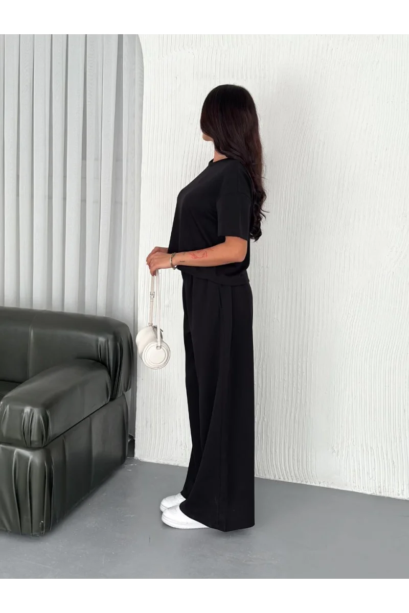 Yumuşak Dokulu Kumaş Bisiklet Yaka T-shirt Bol paça Pantalon ikili Takım -Siyah