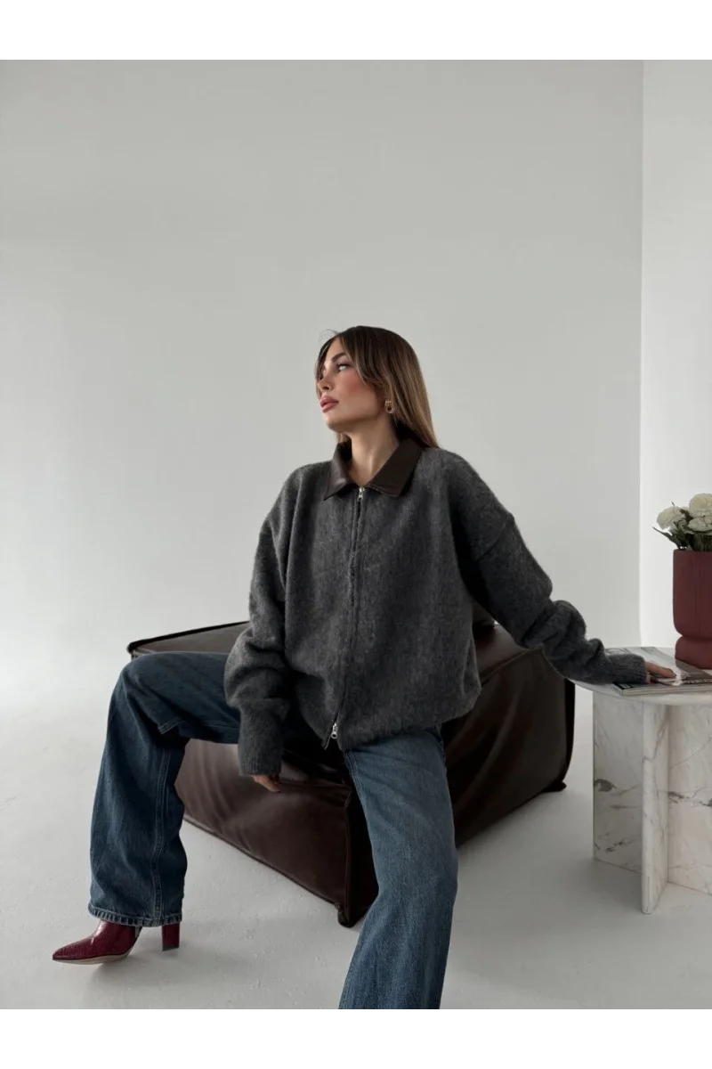 Deri Yakalı Pamuk dokulu Çift Taraflı Çalışan Fermuar Ceket - Füme