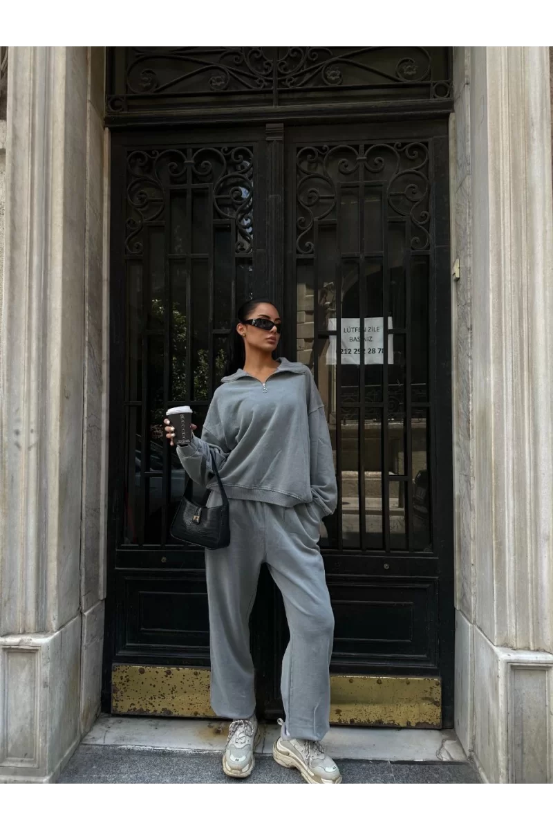 Yıkamalı iki iplik Kumaş Yakalı Fermuarlı Oversize Eşofman Takımı - Gri