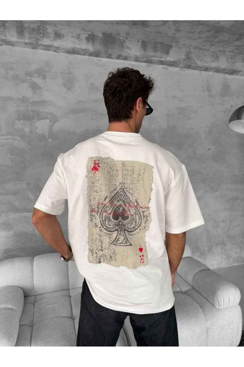 Ön ve Arka Baskılı Oversize Bisiklet Yaka T-shirt - Beyaz