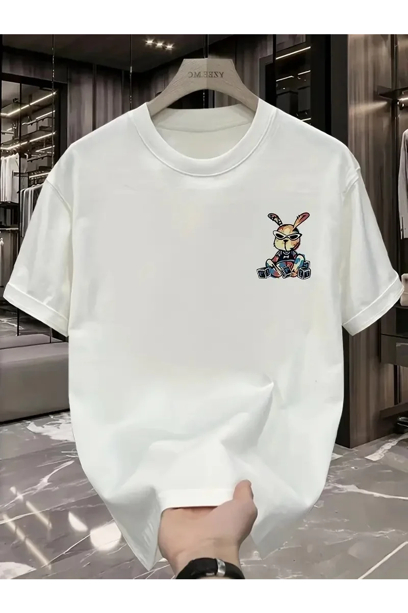 Güneş Gözlüğü Grafikli Karikatür Tavşan Oversize Kısa Kollu Tişört - Beyaz