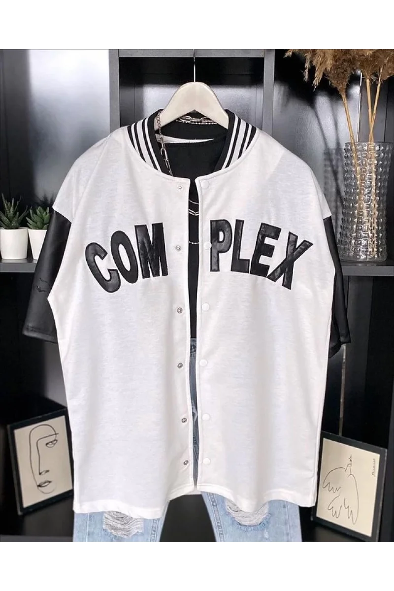 Erkek Complex Kolları Deri Kolej Oversize T-Shirt - Beyaz