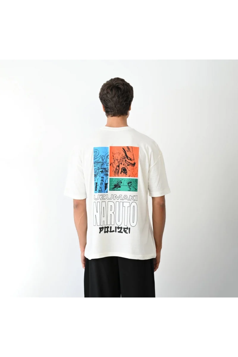 Unisex Bisiklet Yaka Baskılı Oversize T-Shirt - Beyaz