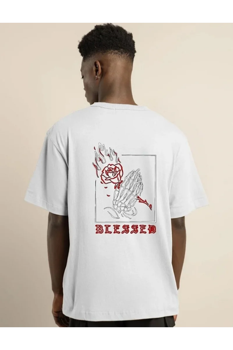 Unisex Bisiklet Yaka Oversize Baskılı T-Shirt - Beyaz