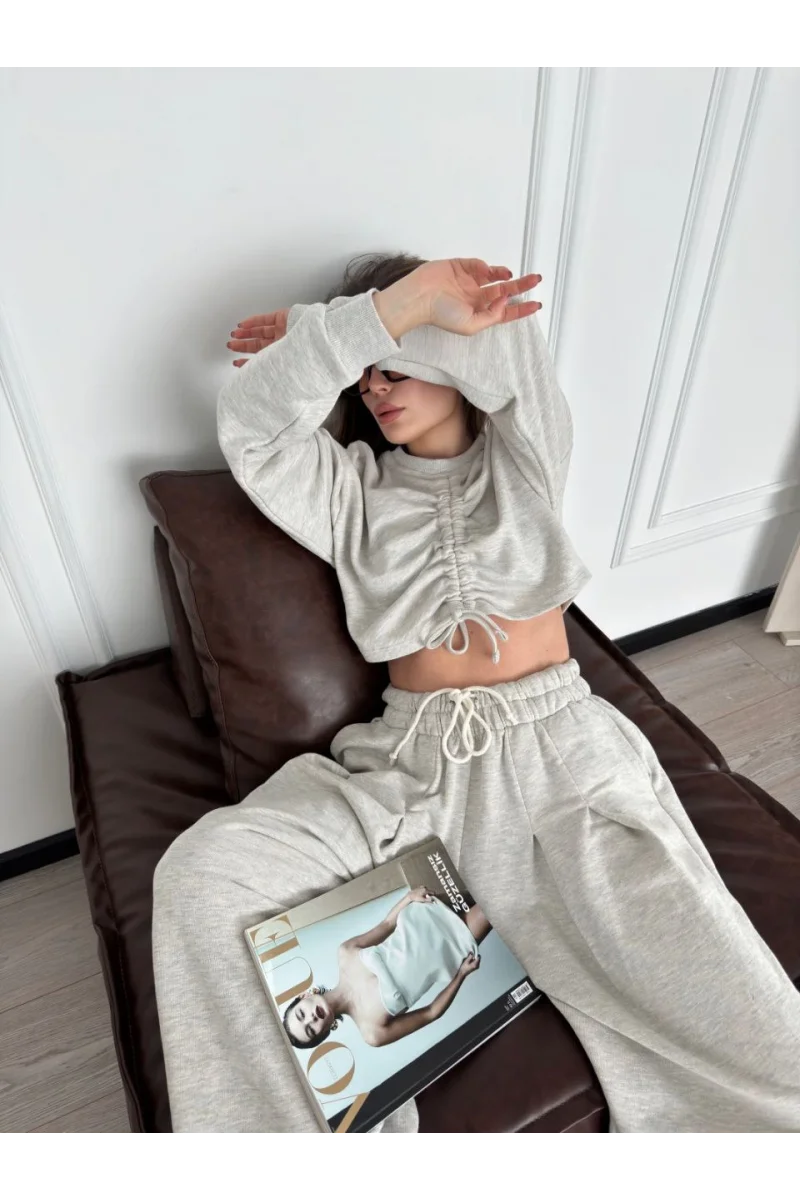 Uzun Kollu Önü İp Büzgülü Crop ve Pantolon İkili Takım - Gri