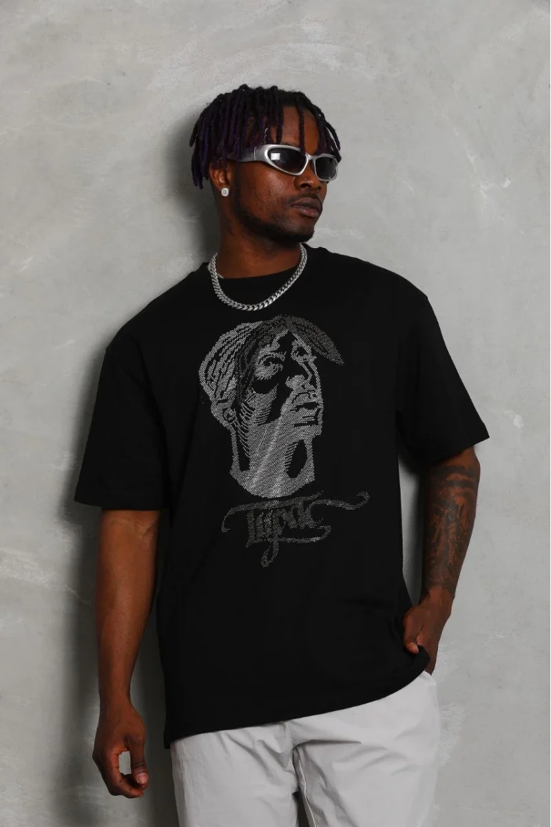 Unisex Oversize Taşlı Bisiklet Yaka T-Shirt