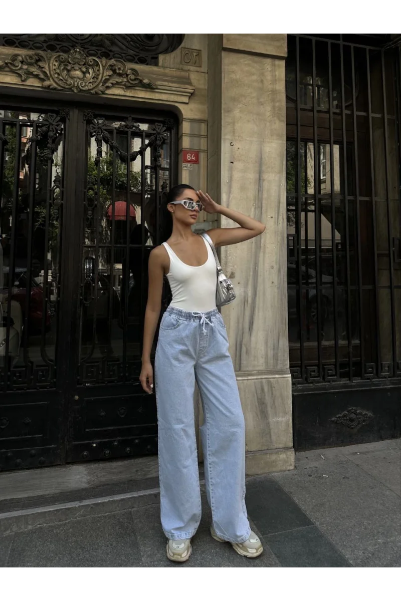 Kadın Arkadan Yırtmaçlı Jeans Kot Palazzo Pantolon - Mavi