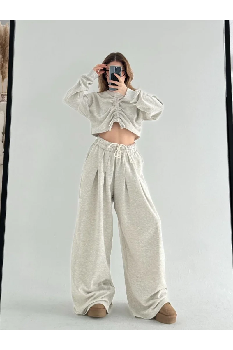 Uzun Kollu Önü İp Büzgülü Crop ve Pantolon İkili Takım - Gri