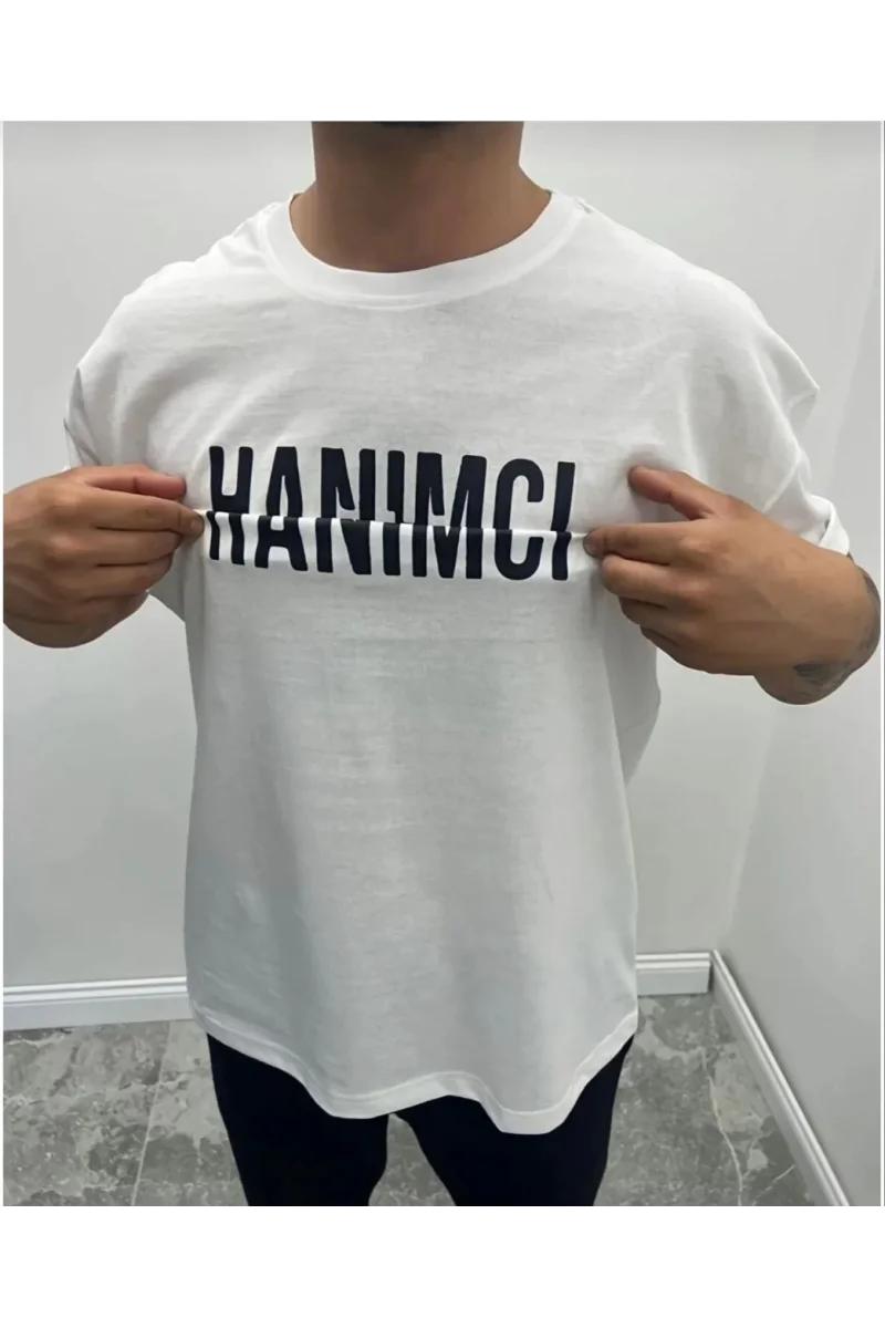 Unisex Bisiklet Yaka Katlanan Baskılı T-Shirt - Beyaz