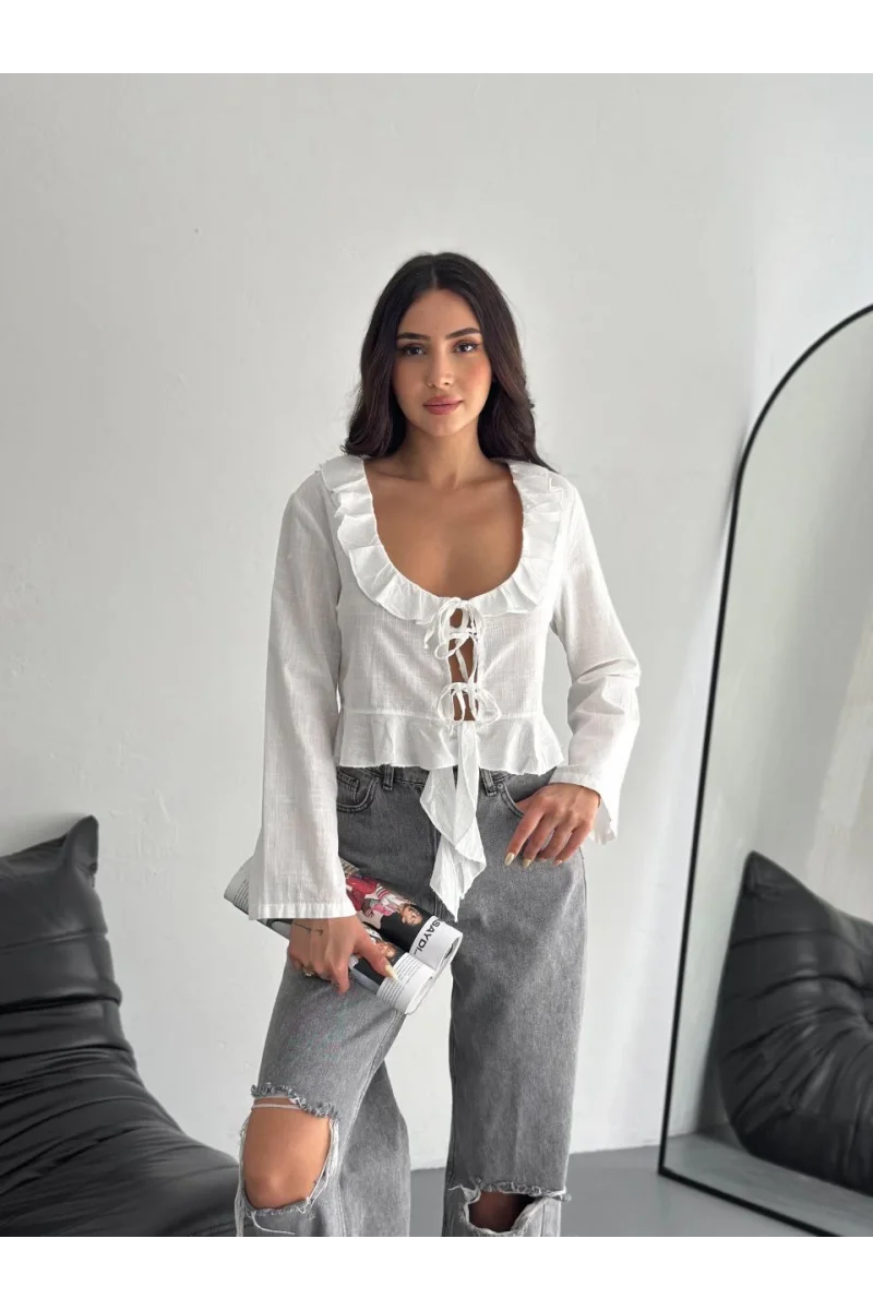 Keten Uzun Kol Bağacık Detaylı Bluz - Beyaz