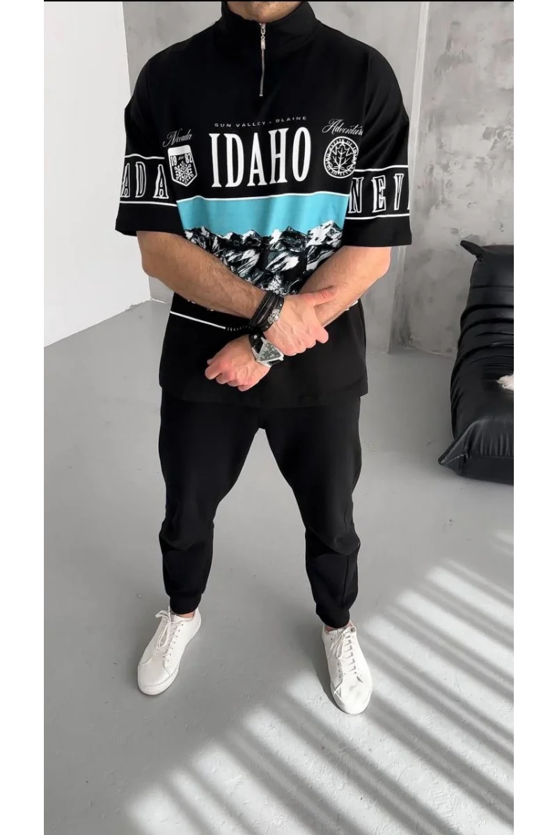 Unisex Baskılı Yarım Fermuarlı T-Shirt