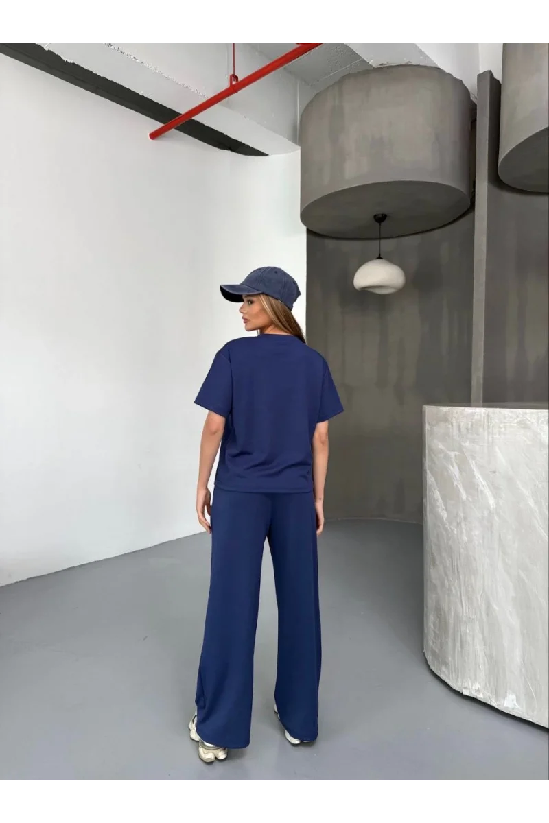 Osy Modal Yumuşak Dokulu Kumaş Kısa Kollu Bluz Rahat Pantalon ikili Takım - Lacivert