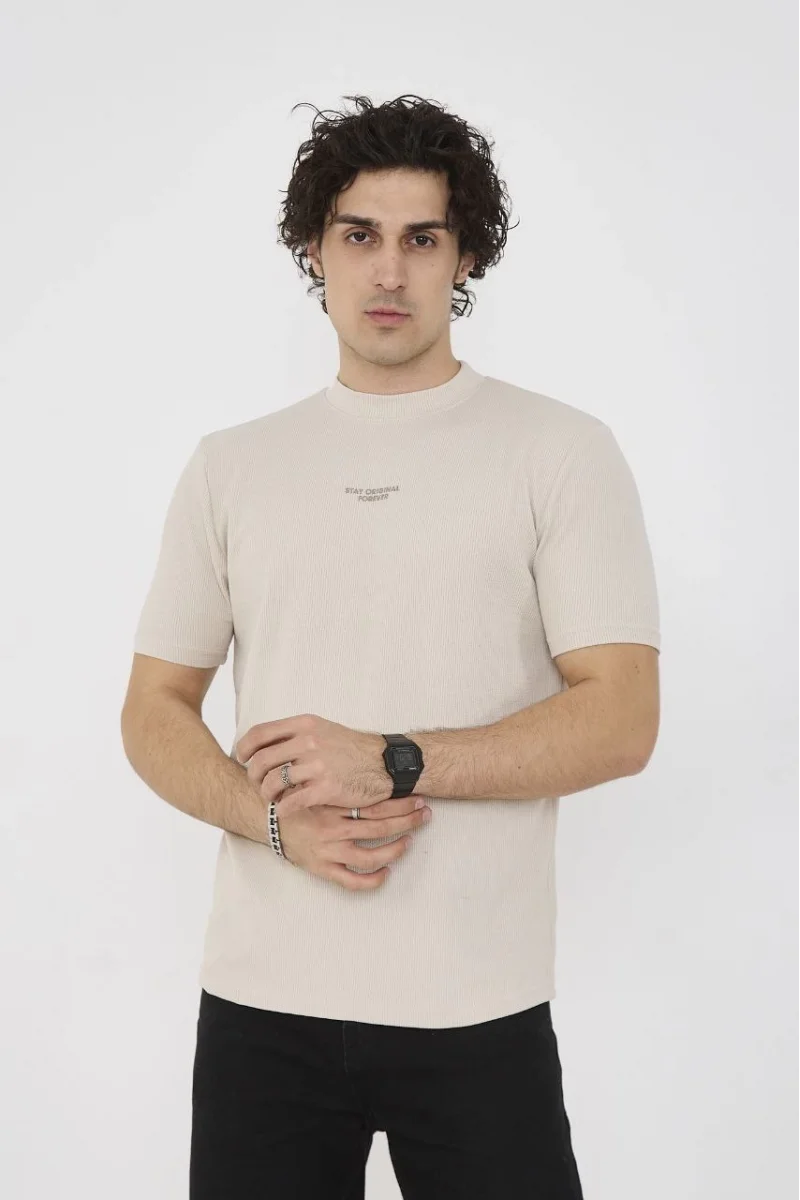 Unisex Bisiklet Yaka Slim fit T-Shirt - Bej