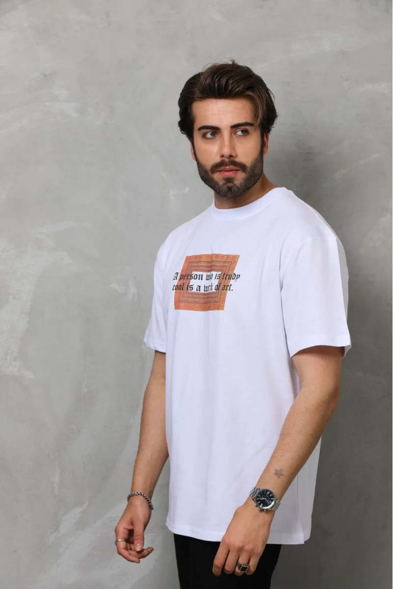 Unisex Bisiklet Yaka Baskılı Oversize T-Shirt - Beyaz 