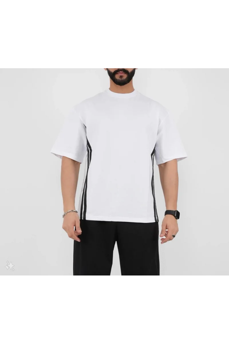 Unisex Oversize Yanları Şeritli T-Shirt - Beyaz