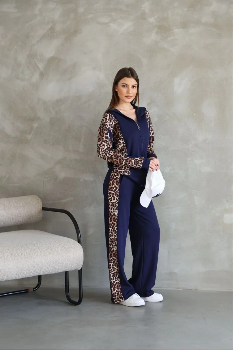 Osy Modal Yumuşak Dokulu Kumaş Kapüşonlu Leopar Desenli Fermuarlı Takım