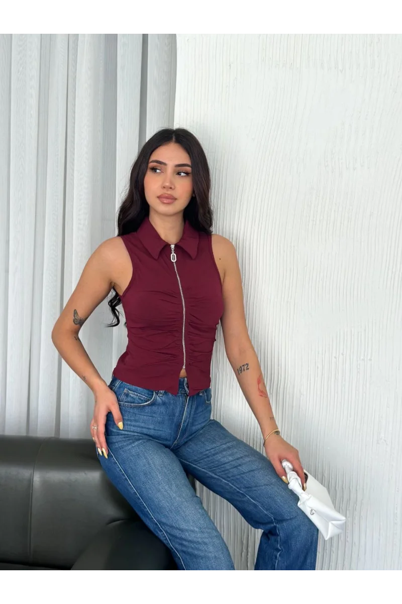 Bordo Fermuarlı Kadın Bluz