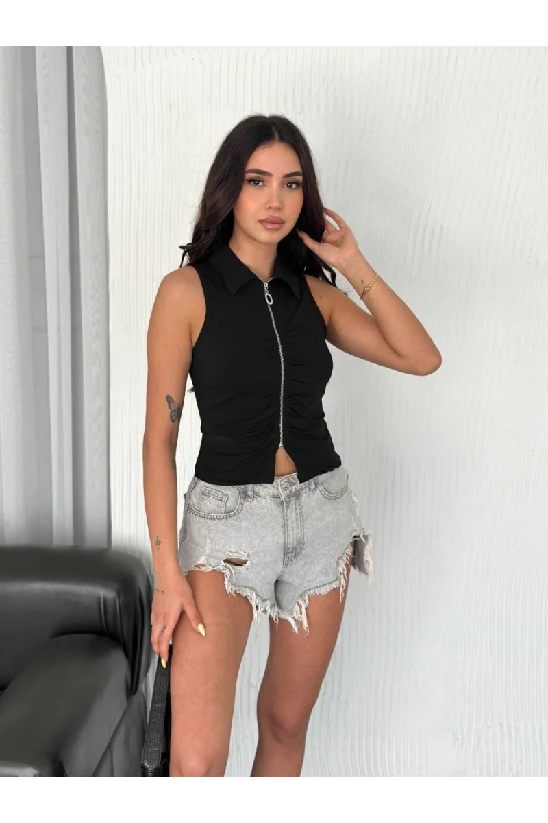 Kadın Siyah Fermuar Detaylı Bluz