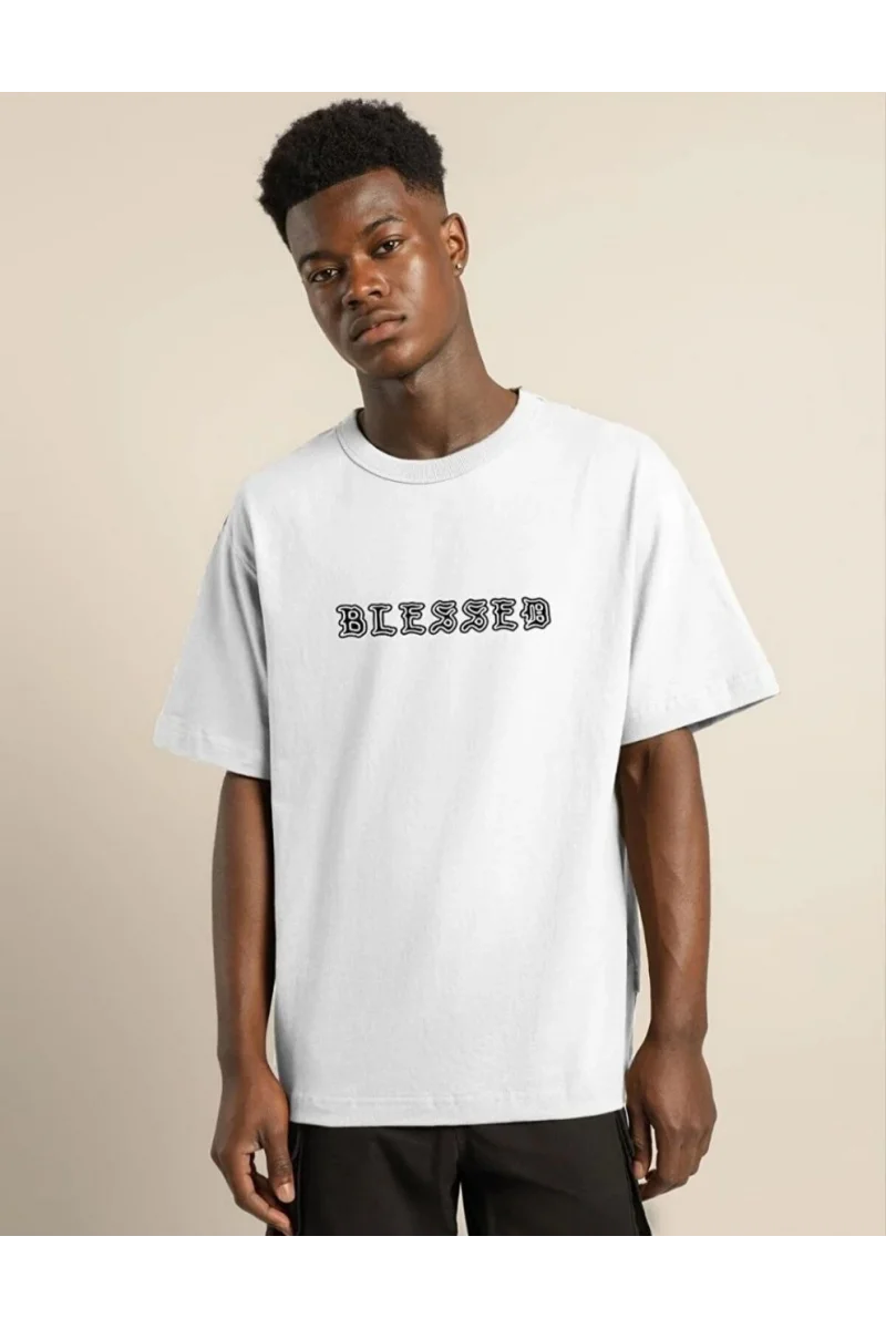 Unisex Bisiklet Yaka Oversize Baskılı T-Shirt - Beyaz