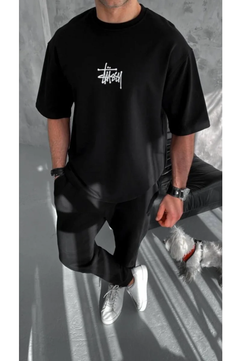 Unisex Bisiklet Yaka Baskılı Oversize T-Shirt - Siyah