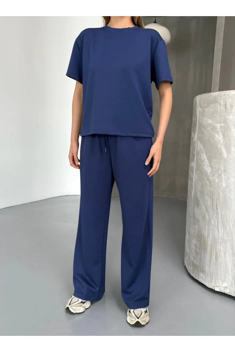 Osy Modal Yumuşak Dokulu Kumaş Kısa Kollu Bluz Rahat Pantalon ikili Takım - Lacivert
