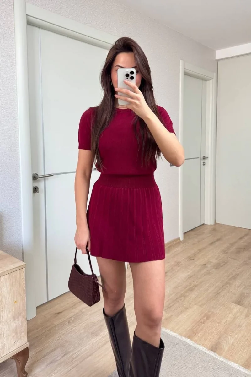 Kısa Kollu Bluz Mini Etekli ikili Takım Triko - Bordo