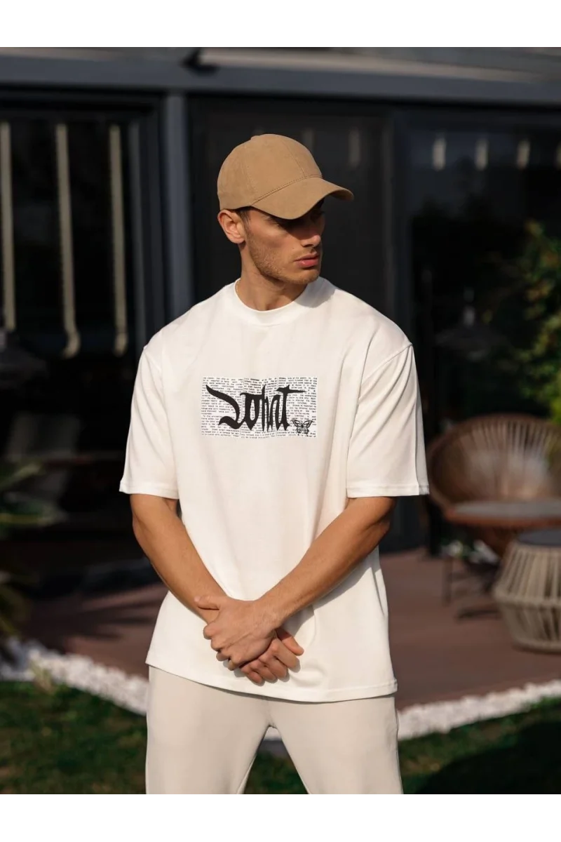 Unisex Bisiklet Yaka Baskılı Oversize T-Shirt 