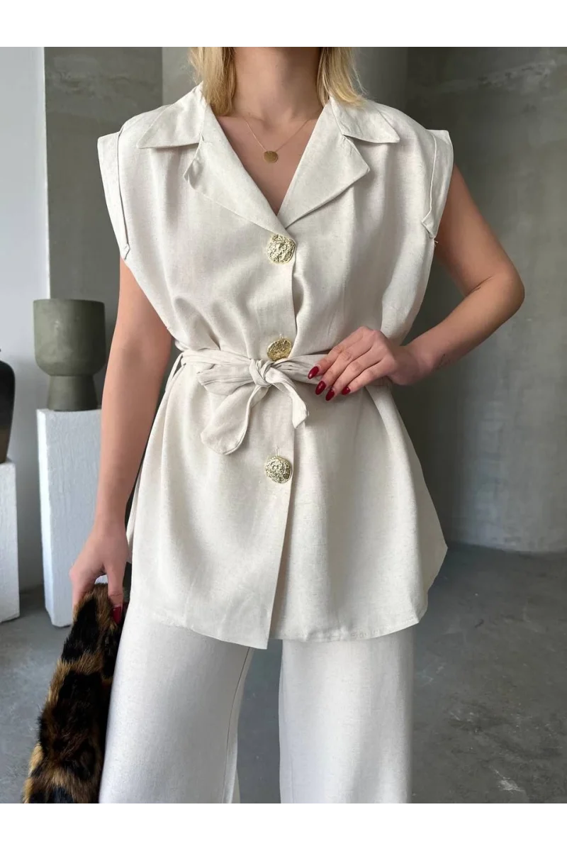 Keten Sıfır Kol Kuşaklı Ceket Pantolon ikili Takım - Beyaz