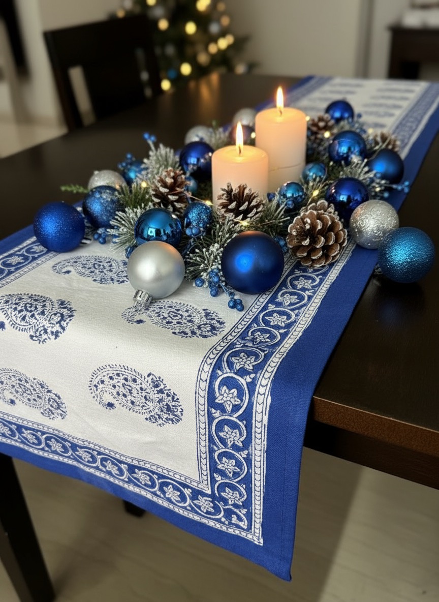 Blue and White Christmas Table Runner