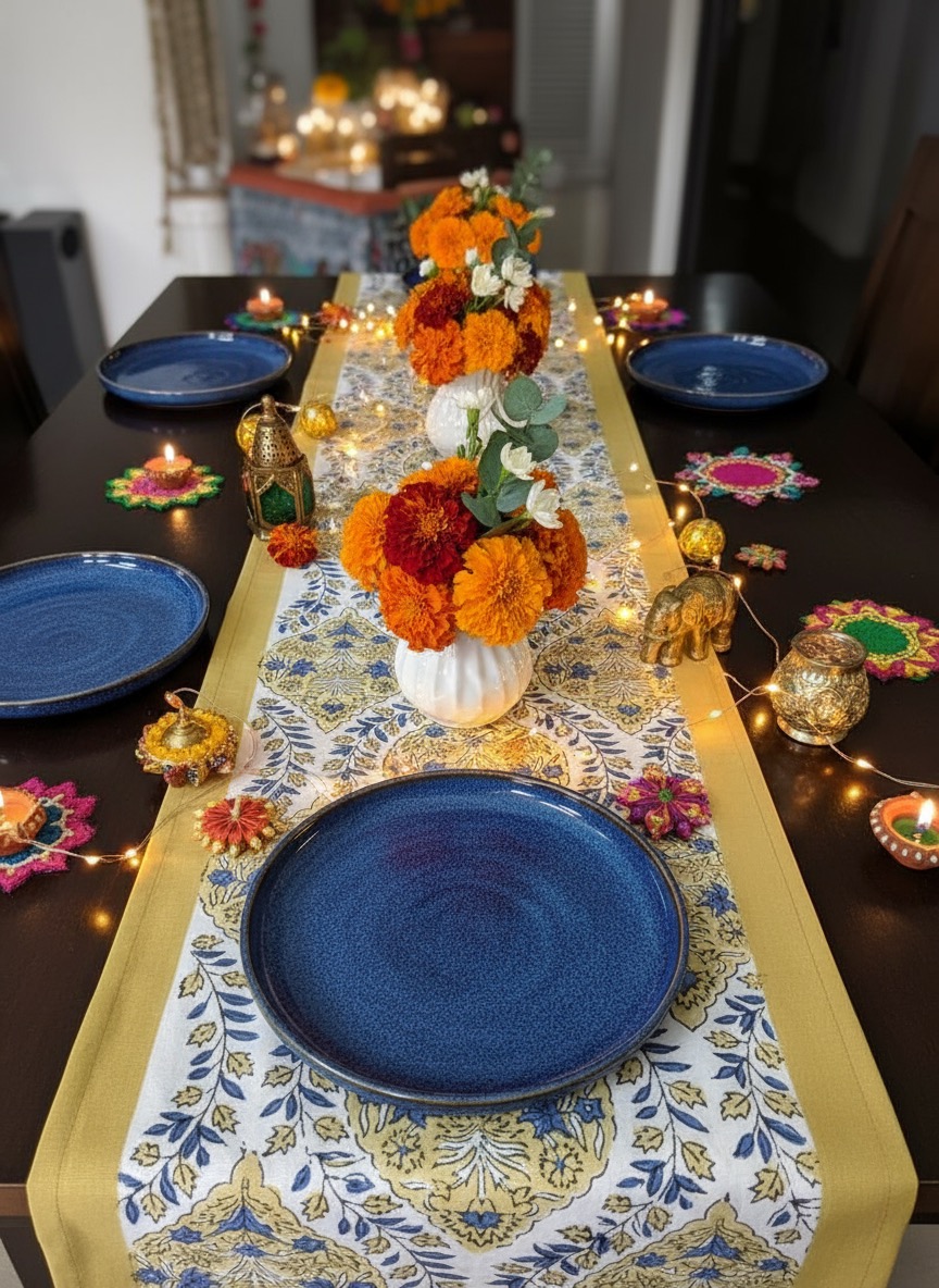 Handcrafted Mustard & White Table Runner