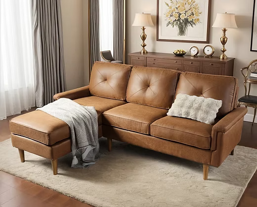 Stylish Elegant Leatherette Corner Sofa with Wooden Legs