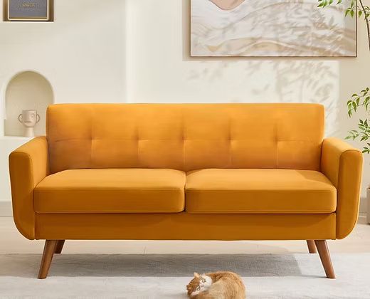  3 Seater Sofa with High Back & Hand Rest Mustard Yellow Multi shade Fabric (Material  Mango wood )