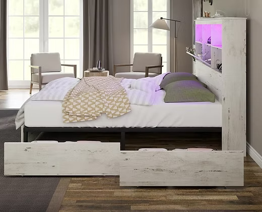 Modern Wooden Queen Size Bed with Storage Headboard