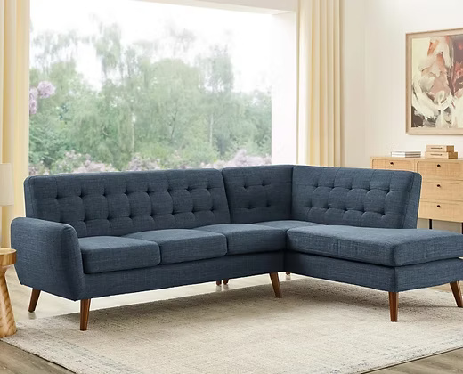 Contemporary L-shaped Corner Sofa with Tufted Back & Wooden Legs