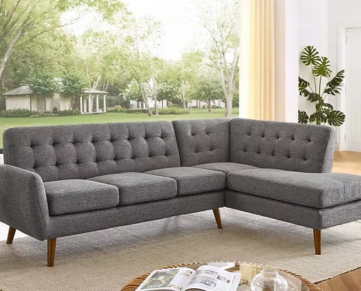 Contemporary L-shaped Corner Sofa with Tufted Back & Wooden Legs