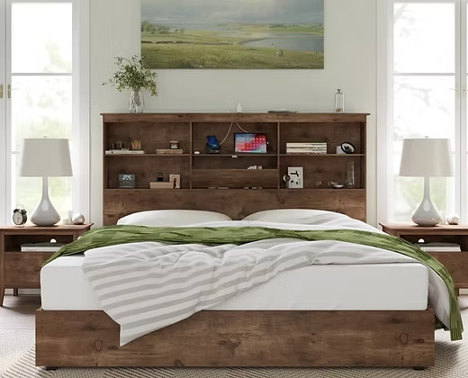 Modern Wooden Queen Size Bed with Storage Headboard