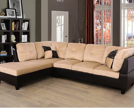 L-Shape Sectional Sofa with Chaise – Beige Fabric & Brown Leatherette Base