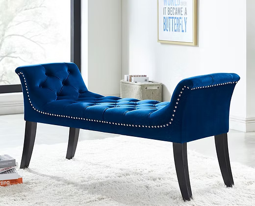 Luxury Upholstered Tufted Bench with Armrests – Velvet Finish & Wooden Legs
