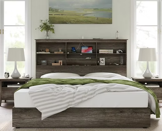 Modern Wooden Queen Size Bed with Storage Headboard