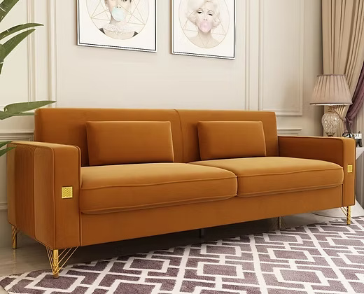 3-Seater Sofa with Golden Legs – Premium Modern Elegant Mustard Brown Upholstery