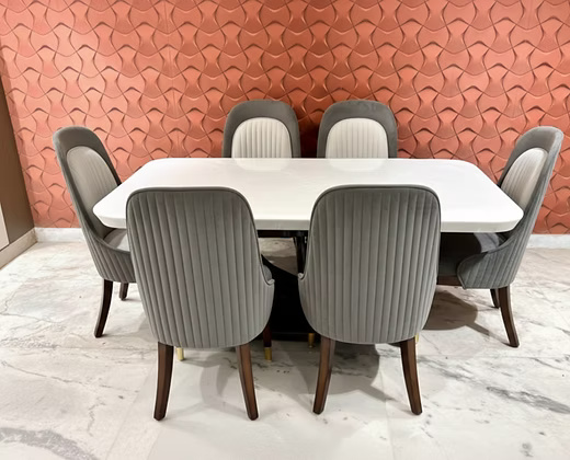 Modern Six-Seater Marble Top Dining Table Set