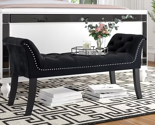 Luxury Upholstered Tufted Bench with Armrests – Velvet Finish & Wooden Legs