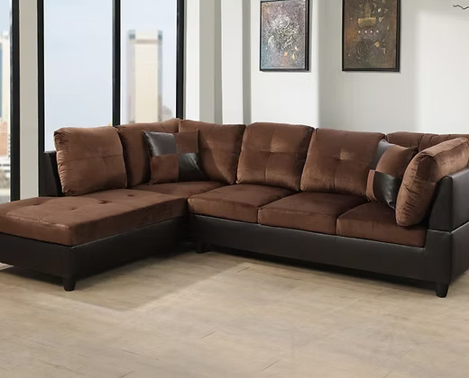 L-Shape Sectional Sofa with Chaise – Beige Fabric & Brown Leatherette Base