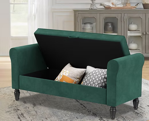 Green velvet storage bench sofa