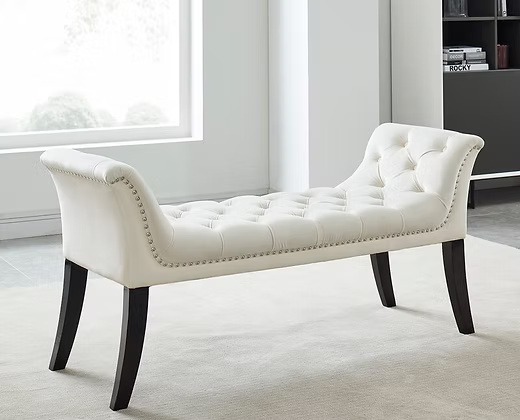 Luxury Upholstered Tufted Bench with Armrests – Velvet Finish & Wooden Legs