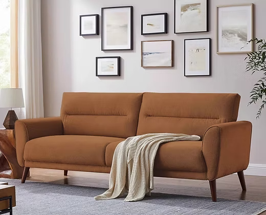 3 Seater modern Velvet sofa with wooden legs and minimal armrests